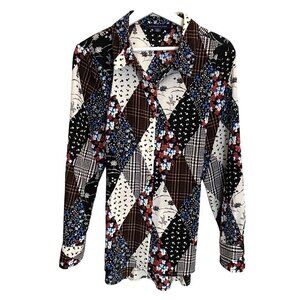 Tommy Hilfiger Handkerchief Print Blouse Women's‎ L Gold Buttons Tie Waist Artsy
